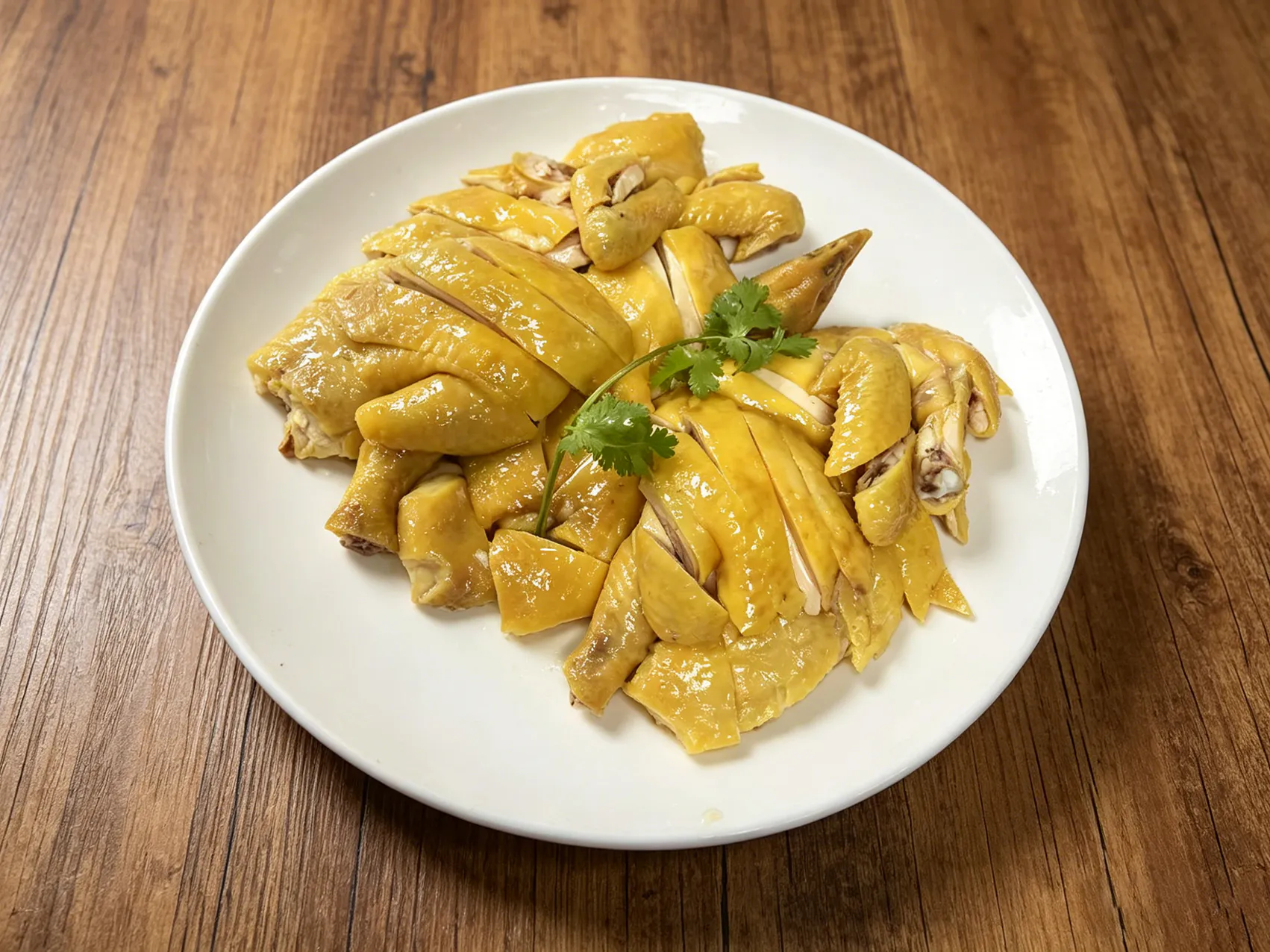 Traditional poached chicken on a wooden table at New Northern Manor, a Chinese Restaurant in Queens